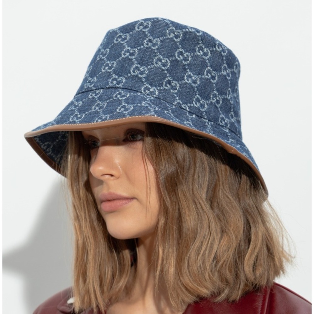 Gucci GG Denim Bucket Hat Blue Monogram Leather Trim Size M 58cm Unisex